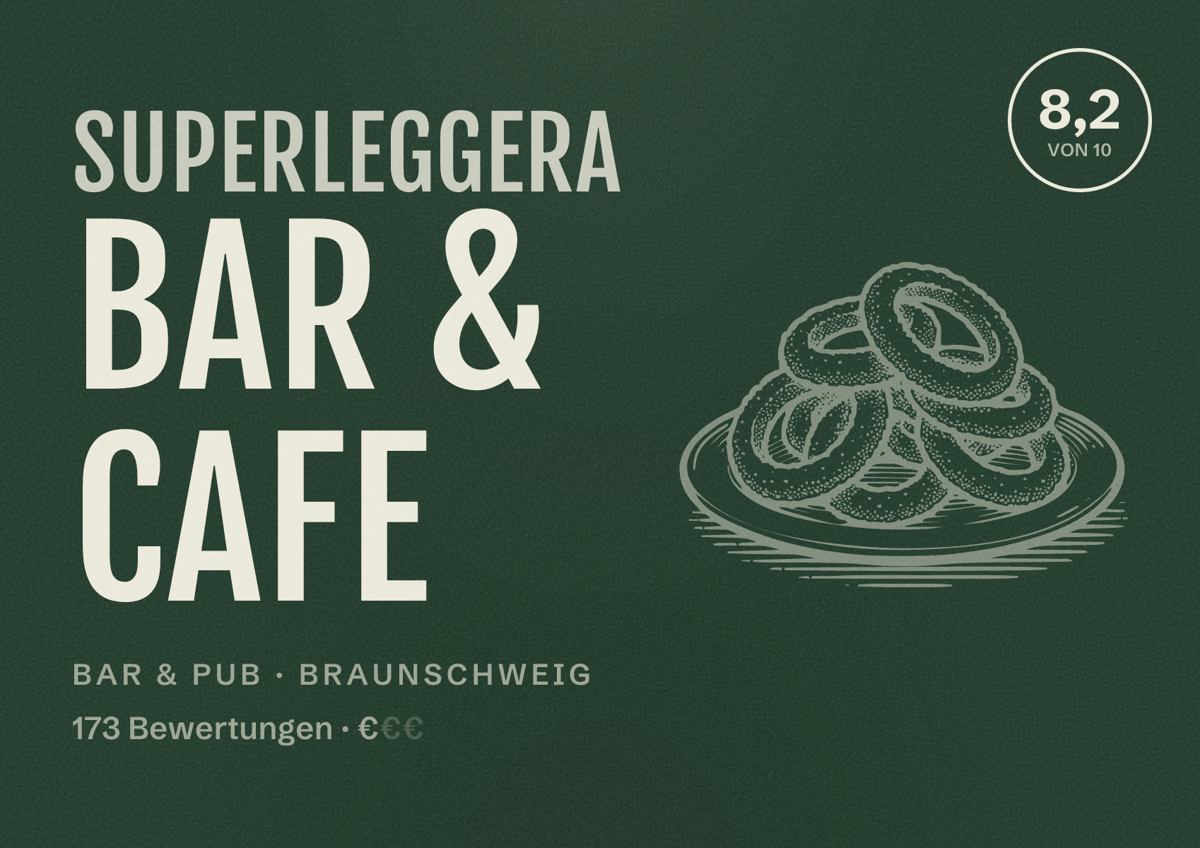 Illustriertes Poster von Superleggera Bar & Cafe, Bar & Pub in Braunschweig: Bewertung 8,2 von 10 aus 173 Bewertungen, Preisniveau €