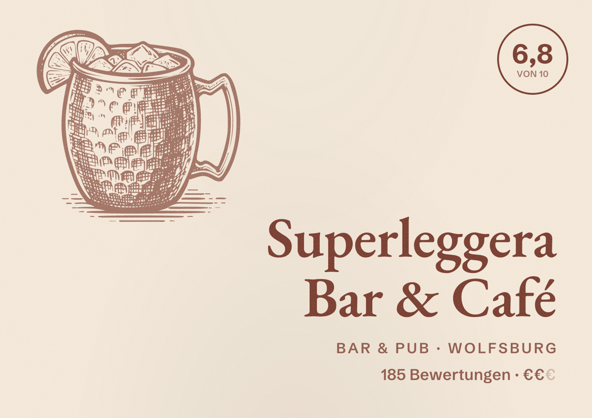Illustriertes Poster von Superleggera Bar & Café, Bar & Pub in Wolfsburg: Bewertung 6,8 von 10 aus 185 Bewertungen, Preisniveau €€