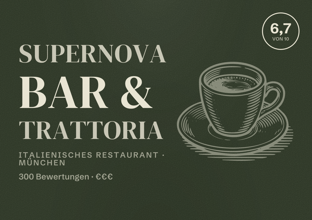 Illustriertes Poster von SUPERNOVA Bar & Trattoria, Italienisches Restaurant in München: Bewertung 6,7 von 10 aus 300 Bewertungen, Preisniveau €€€