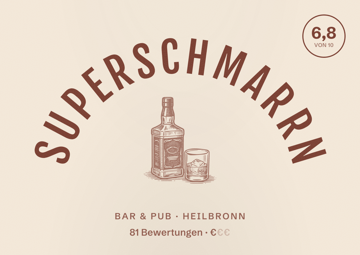 Illustriertes Poster von Superschmarrn, Bar & Pub in Heilbronn: Bewertung 6,8 von 10 aus 81 Bewertungen, Preisniveau €