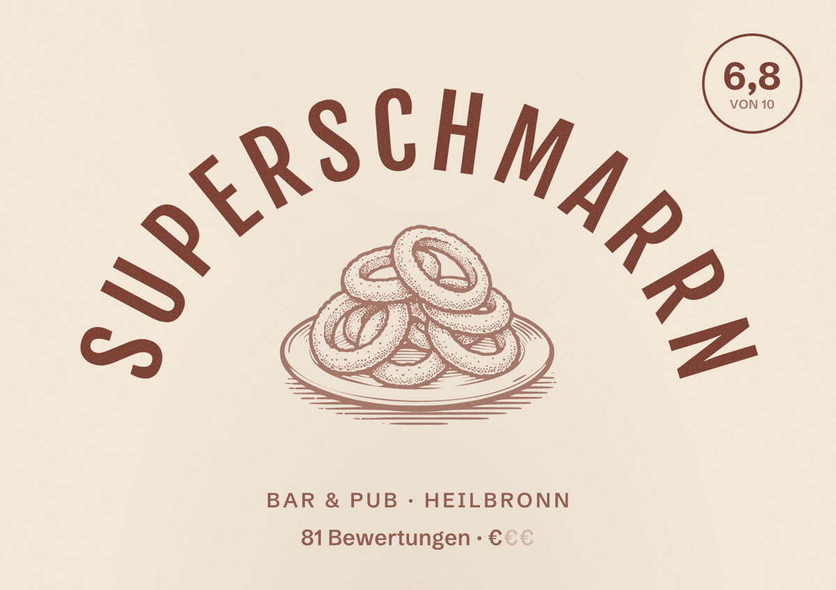 Illustriertes Poster von Superschmarrn, Bar & Pub in Heilbronn: Bewertung 6,8 von 10 aus 81 Bewertungen, Preisniveau €