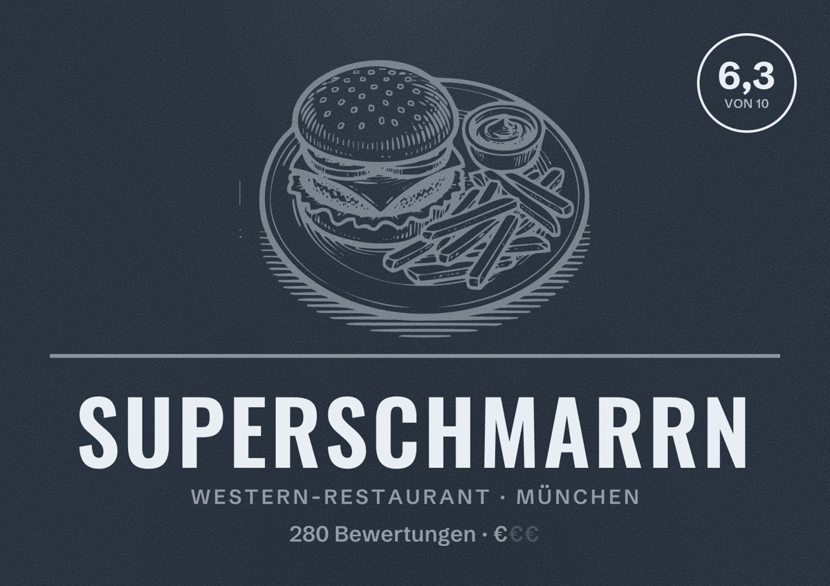 Illustriertes Poster von Superschmarrn, Western-Restaurant in München: Bewertung 6,3 von 10 aus 280 Bewertungen, Preisniveau €