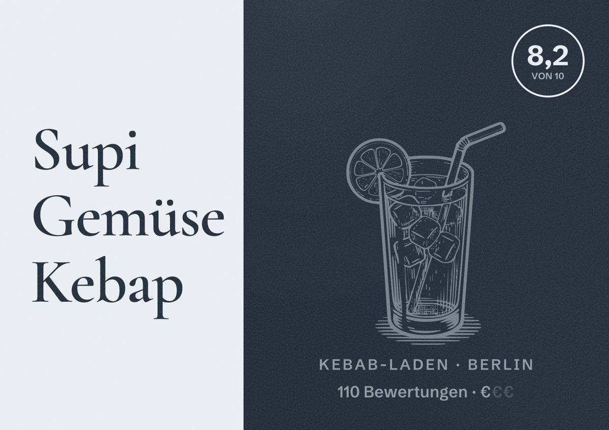 Illustriertes Poster von Supi Gemüse Kebap, Kebab-Laden in Berlin: Bewertung 8,2 von 10 aus 110 Bewertungen, Preisniveau €