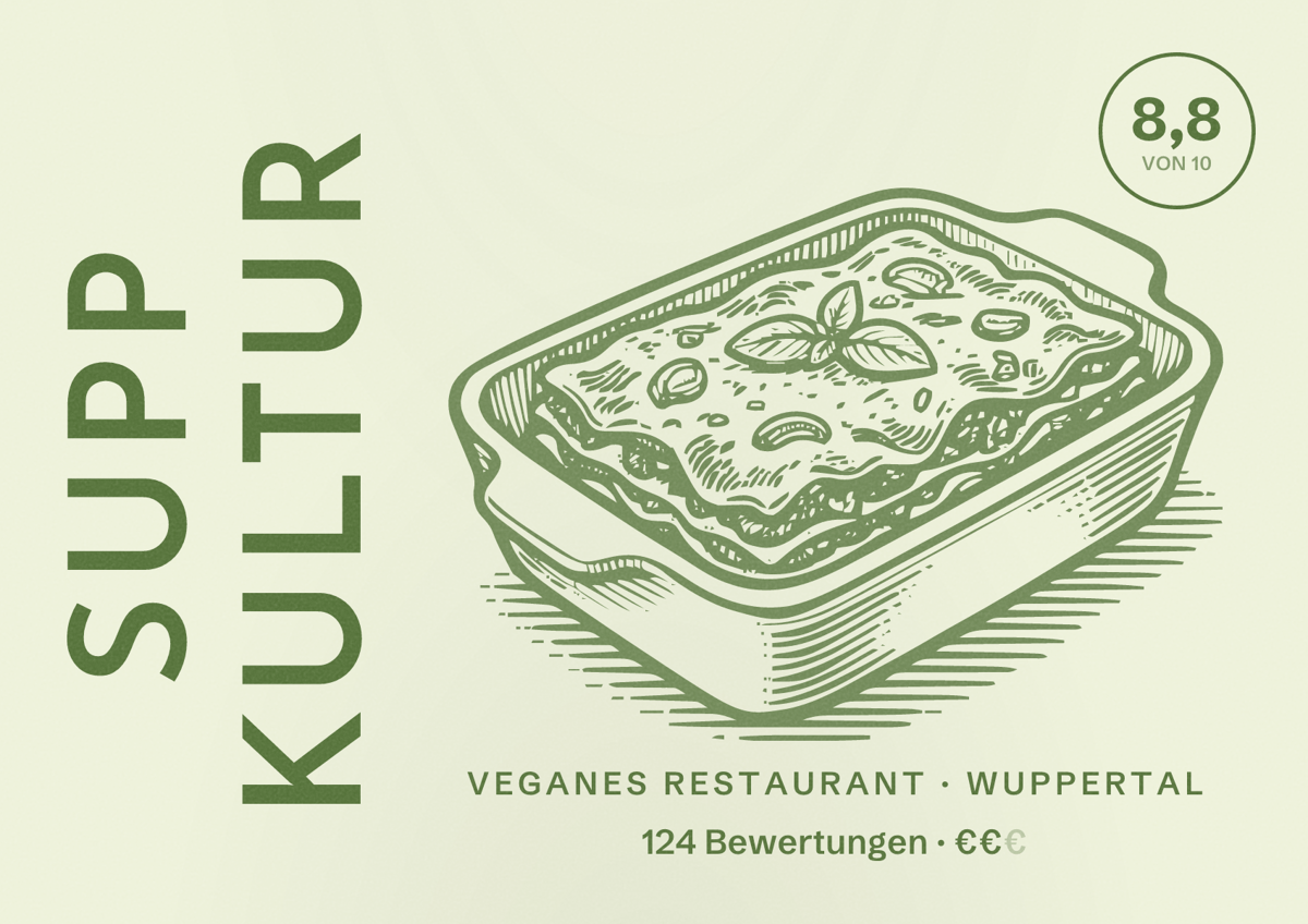 Illustriertes Poster von Supp Kultur, Veganes Restaurant in Wuppertal: Bewertung 8,8 von 10 aus 124 Bewertungen, Preisniveau €€