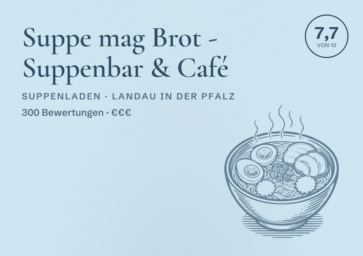 Illustriertes Poster von Suppe mag Brot - Suppenbar & Café, Suppenladen in Landau in der Pfalz: Bewertung 7,7 von 10 aus 300 Bewertungen, Preisniveau €€€
