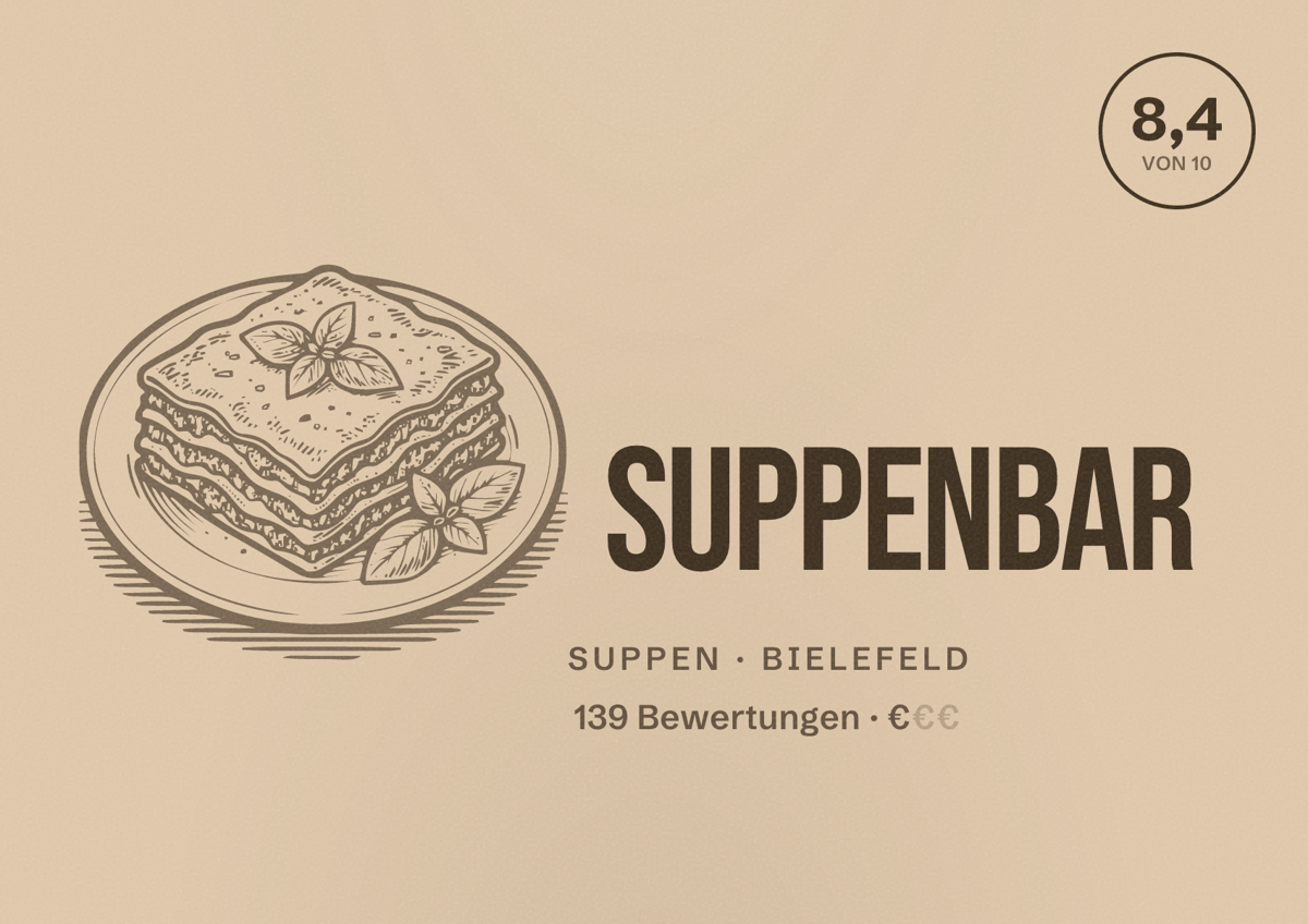 Illustriertes Poster von Suppenbar, Suppen in Bielefeld: Bewertung 8,4 von 10 aus 139 Bewertungen, Preisniveau €