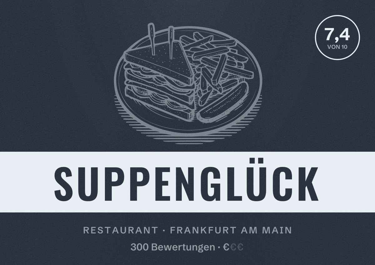 Illustriertes Poster von SuppenGlück, Restaurant in Frankfurt am Main: Bewertung 7,4 von 10 aus 300 Bewertungen, Preisniveau €