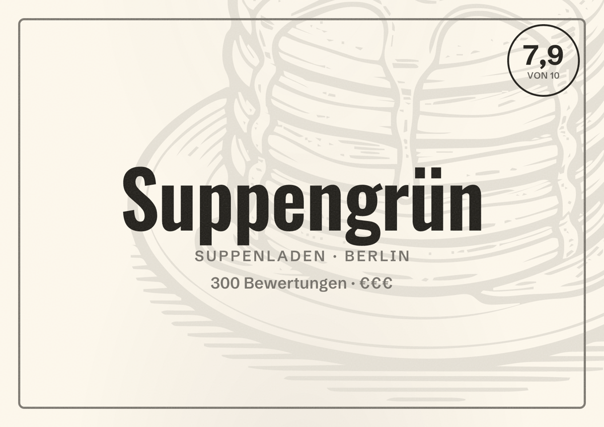 Illustriertes Poster von Suppengrün, Suppenladen in Berlin: Bewertung 7,9 von 10 aus 300 Bewertungen, Preisniveau €€€