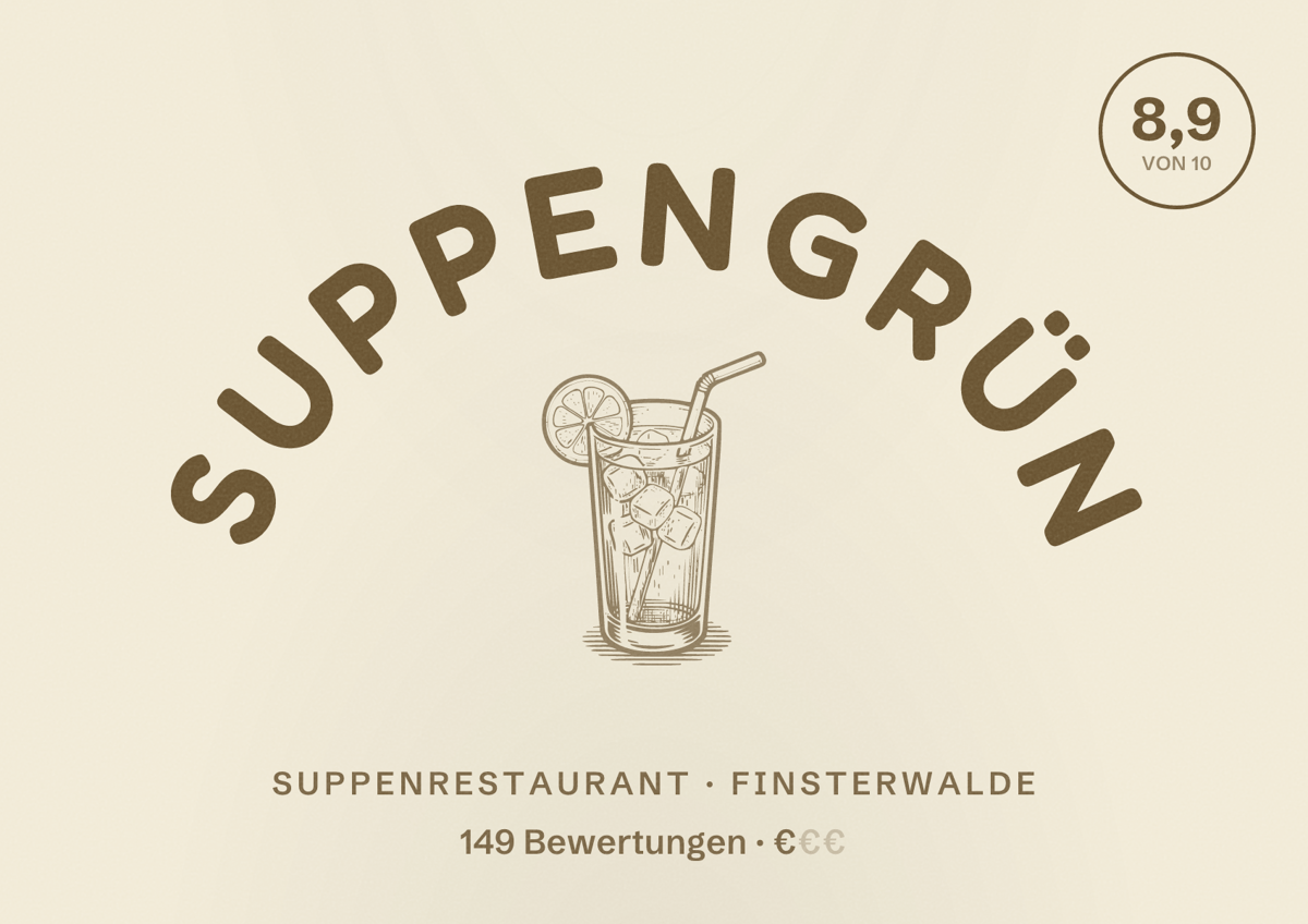 Illustriertes Poster von Suppengrün, Suppenrestaurant in Finsterwalde: Bewertung 8,9 von 10 aus 149 Bewertungen, Preisniveau €