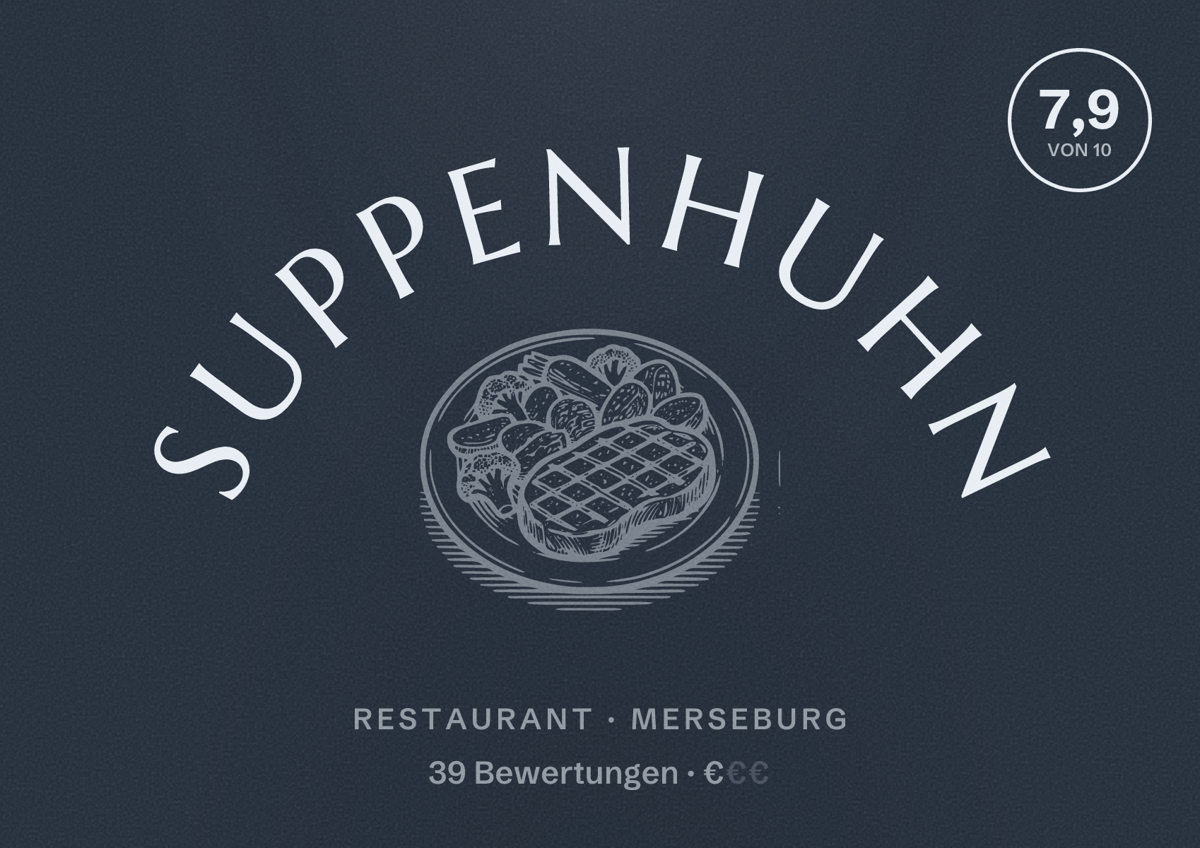 Illustriertes Poster von Suppenhuhn, Restaurant in Merseburg: Bewertung 7,9 von 10 aus 39 Bewertungen, Preisniveau €