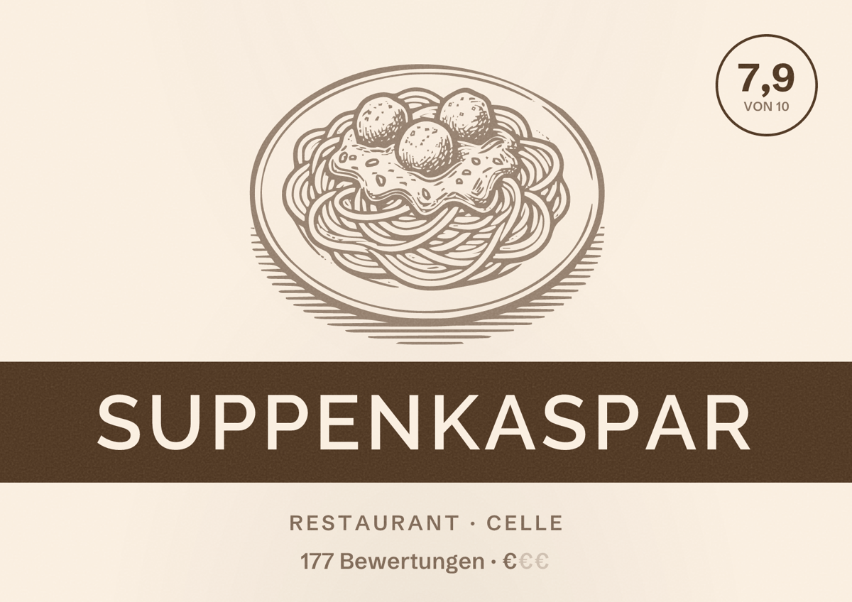 Illustriertes Poster von Suppenkaspar, Restaurant in Celle: Bewertung 7,9 von 10 aus 177 Bewertungen, Preisniveau €