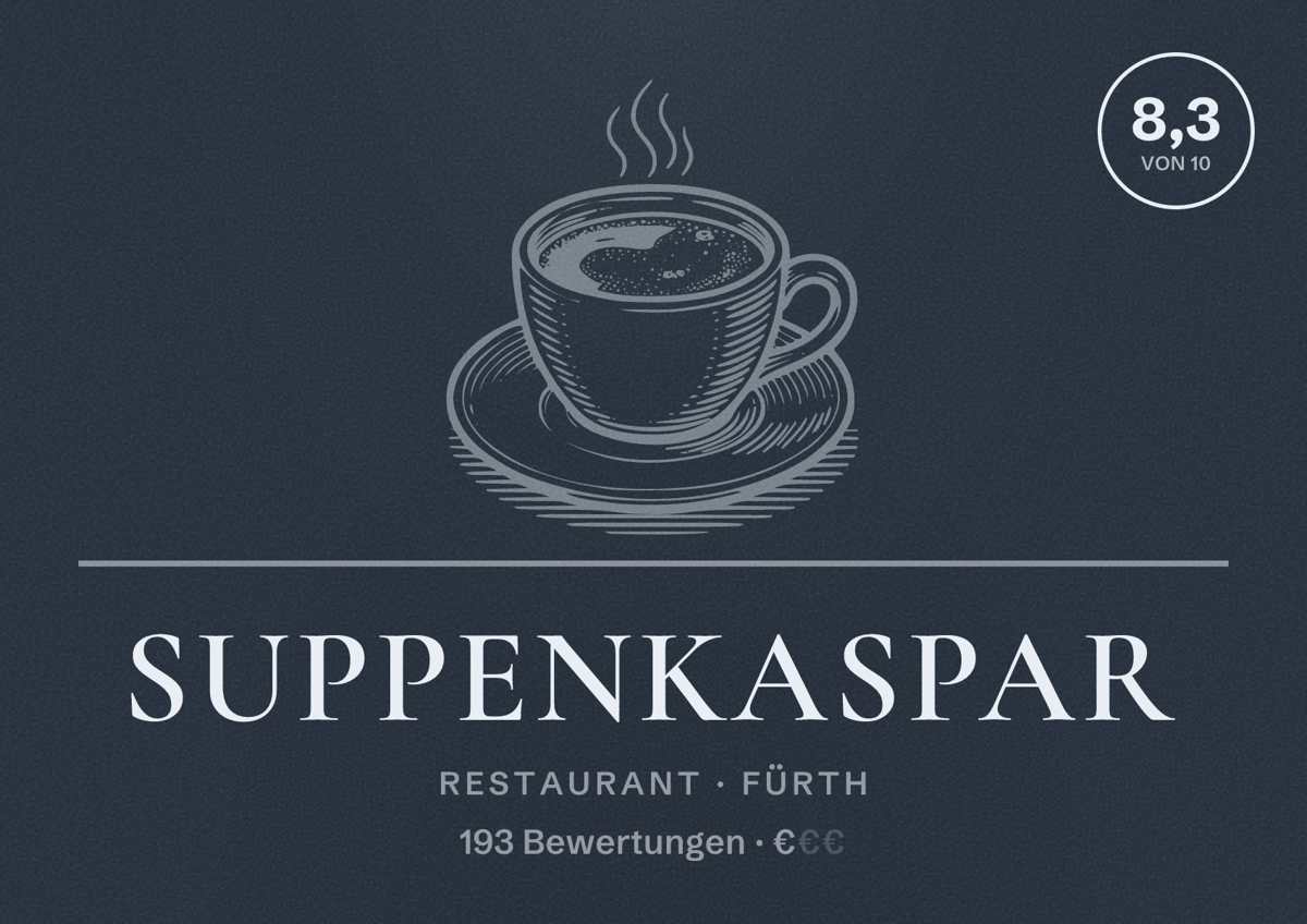 Illustriertes Poster von Suppenkaspar, Restaurant in Fürth: Bewertung 8,3 von 10 aus 193 Bewertungen, Preisniveau €