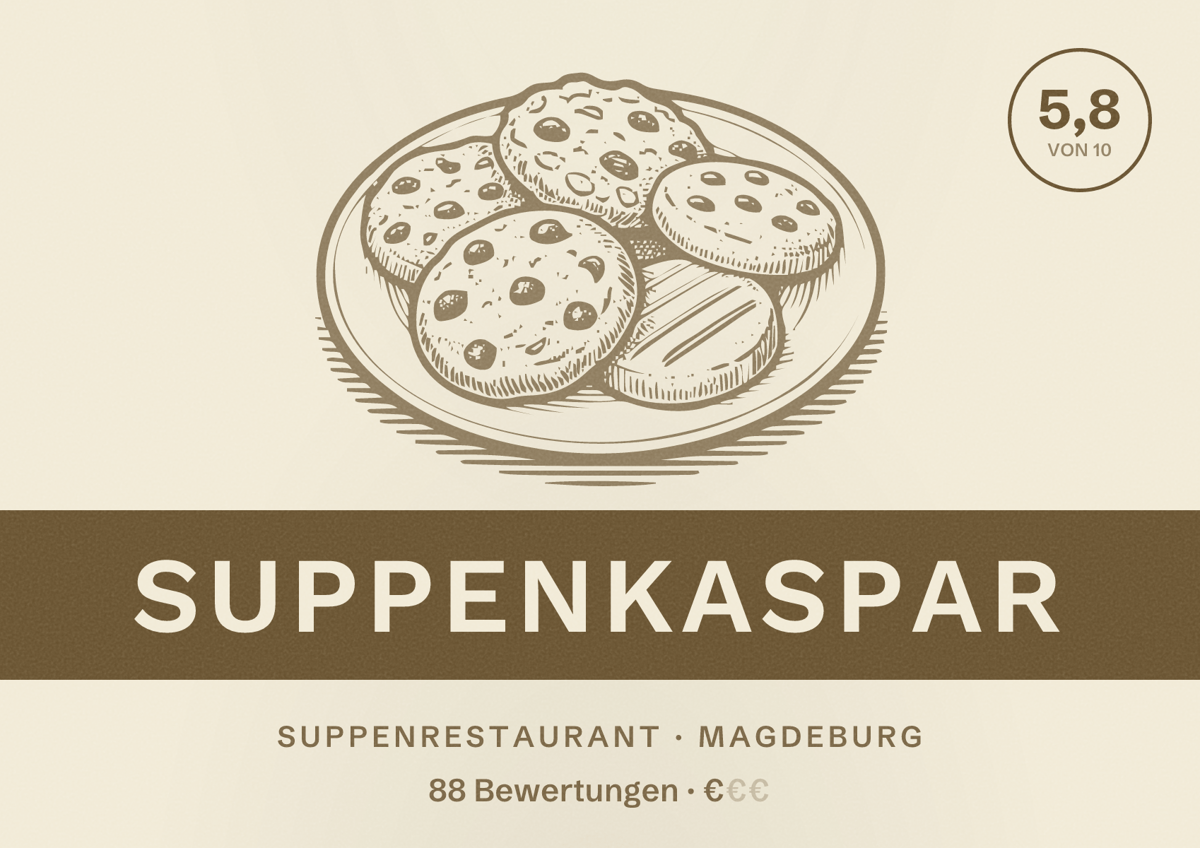 Illustriertes Poster von Suppenkaspar, Suppenrestaurant in Magdeburg: Bewertung 5,8 von 10 aus 88 Bewertungen, Preisniveau €