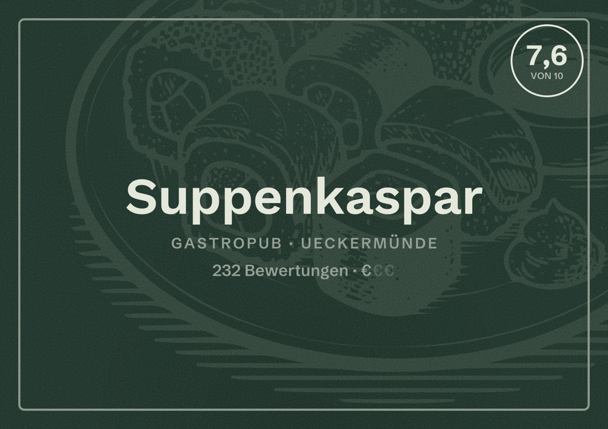 Illustriertes Poster von Suppenkaspar, Gastropub in Ueckermünde: Bewertung 7,6 von 10 aus 232 Bewertungen, Preisniveau €