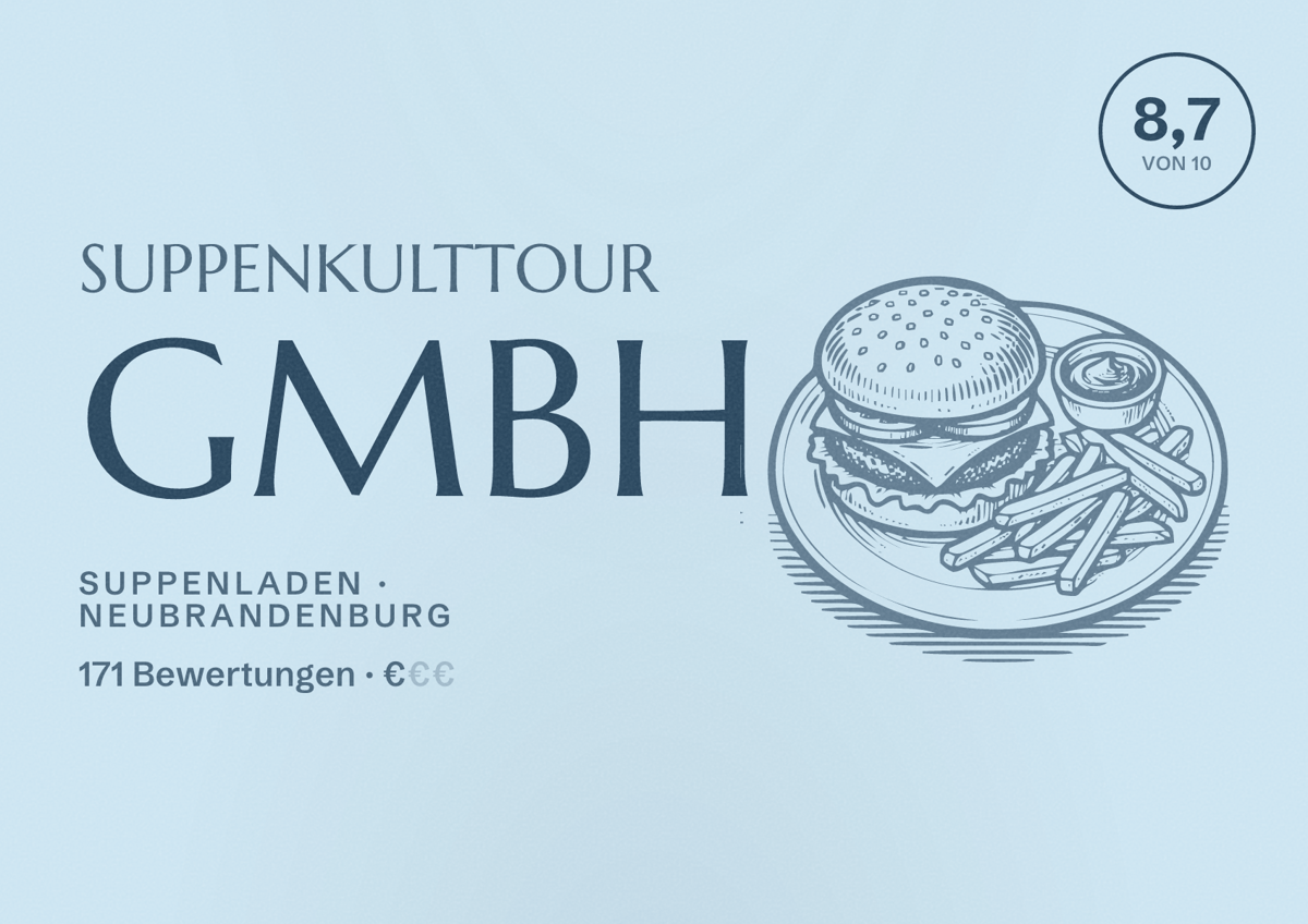 Illustriertes Poster von Suppenkulttour GmbH, Suppenladen in Neubrandenburg: Bewertung 8,7 von 10 aus 171 Bewertungen, Preisniveau €