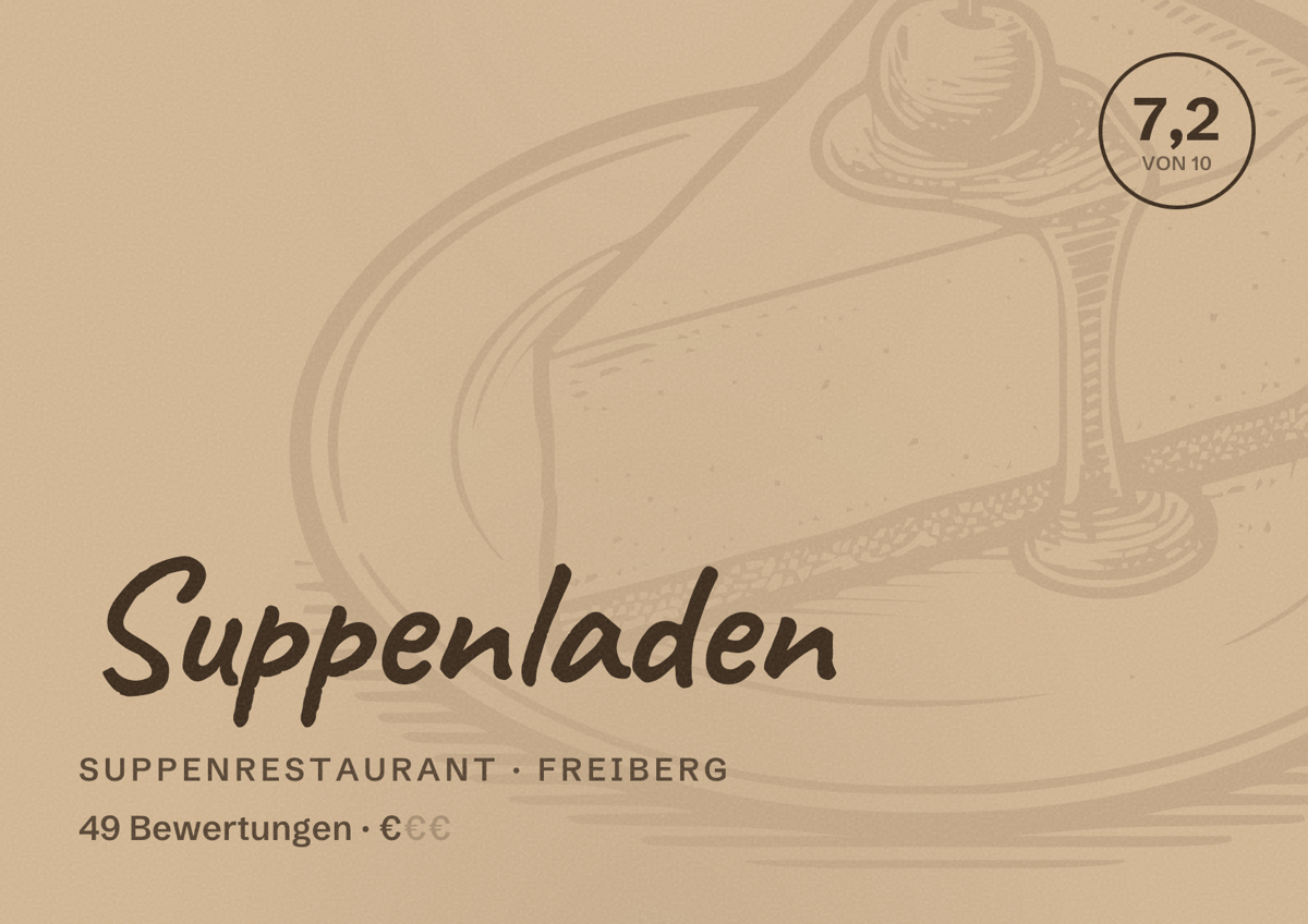 Illustriertes Poster von Suppenladen, Suppenrestaurant in Freiberg: Bewertung 7,2 von 10 aus 49 Bewertungen, Preisniveau €