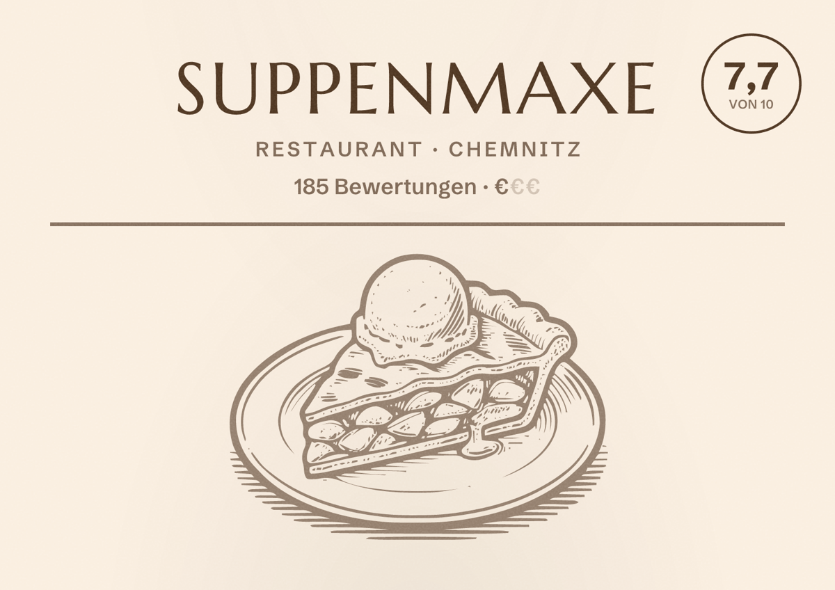 Illustriertes Poster von Suppenmaxe, Restaurant in Chemnitz: Bewertung 7,7 von 10 aus 185 Bewertungen, Preisniveau €