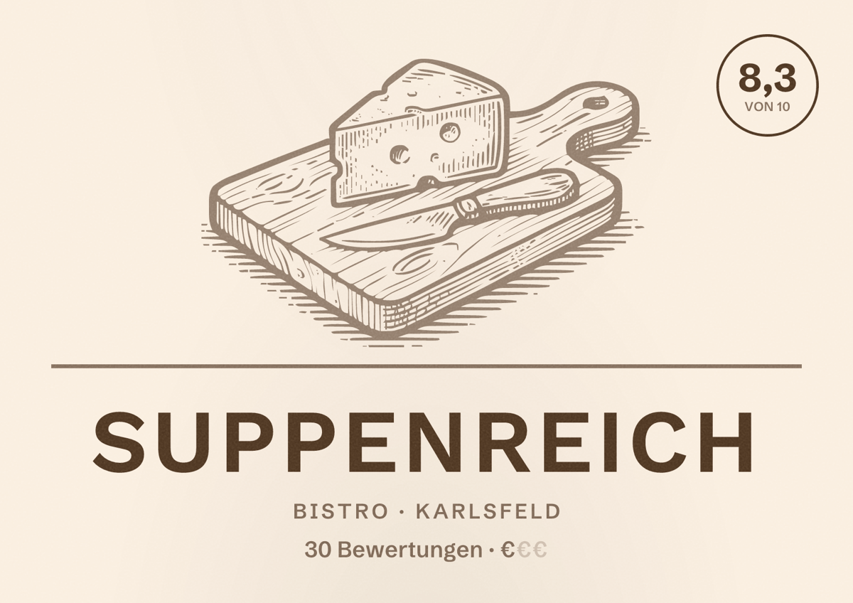Illustriertes Poster von Suppenreich, Bistro in Karlsfeld: Bewertung 8,3 von 10 aus 30 Bewertungen, Preisniveau €