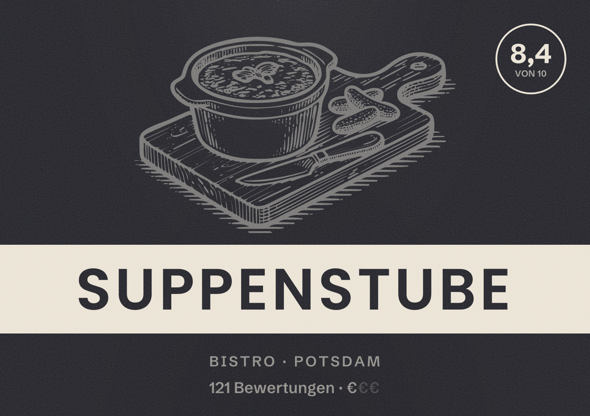Illustriertes Poster von Suppenstube, Bistro in Potsdam: Bewertung 8,4 von 10 aus 121 Bewertungen, Preisniveau €