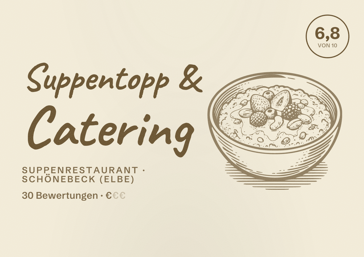 Illustriertes Poster von Suppentopp & Catering, Suppenrestaurant in Schönebeck (Elbe): Bewertung 6,8 von 10 aus 30 Bewertungen, Preisniveau €