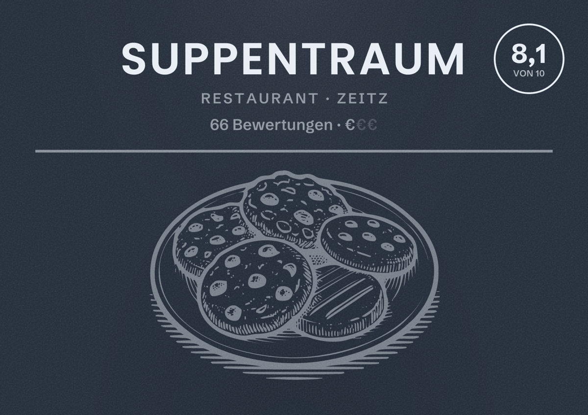Illustriertes Poster von Suppentraum, Restaurant in Zeitz: Bewertung 8,1 von 10 aus 66 Bewertungen, Preisniveau €