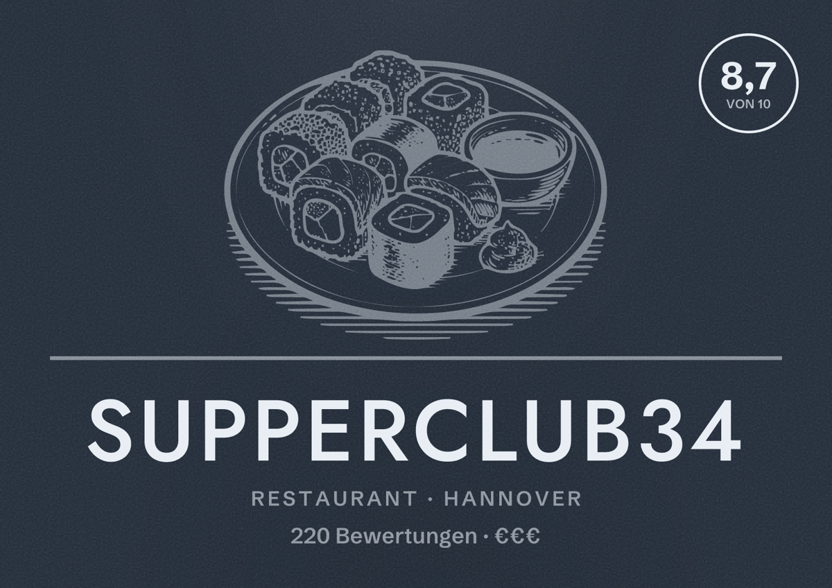 Illustriertes Poster von Supperclub34, Restaurant in Hannover: Bewertung 8,7 von 10 aus 220 Bewertungen, Preisniveau €€€