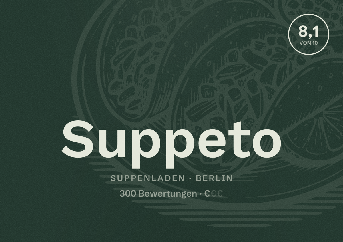 Illustriertes Poster von Suppeto, Suppenladen in Berlin: Bewertung 8,1 von 10 aus 300 Bewertungen, Preisniveau €