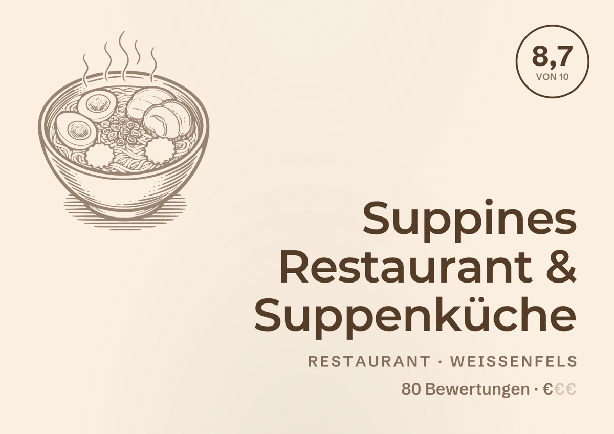 Illustriertes Poster von Suppines Restaurant & Suppenküche, Restaurant in Weißenfels: Bewertung 8,7 von 10 aus 80 Bewertungen, Preisniveau €