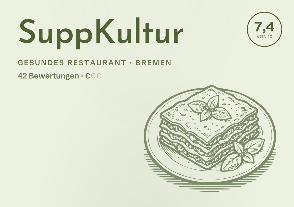 Illustriertes Poster von SuppKultur, Gesundes Restaurant in Bremen: Bewertung 7,4 von 10 aus 42 Bewertungen, Preisniveau €