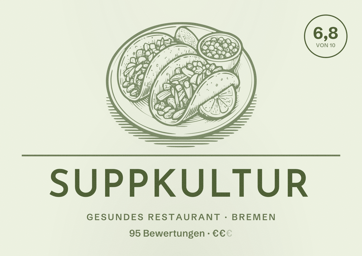 Illustriertes Poster von SuppKultur, Gesundes Restaurant in Bremen: Bewertung 6,8 von 10 aus 95 Bewertungen, Preisniveau €€