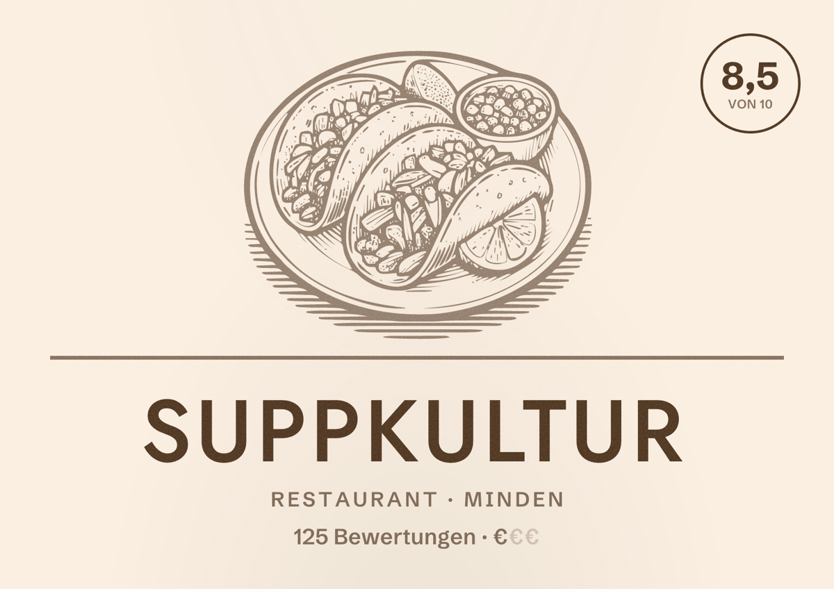 Illustriertes Poster von Suppkultur, Restaurant in Minden: Bewertung 8,5 von 10 aus 125 Bewertungen, Preisniveau €