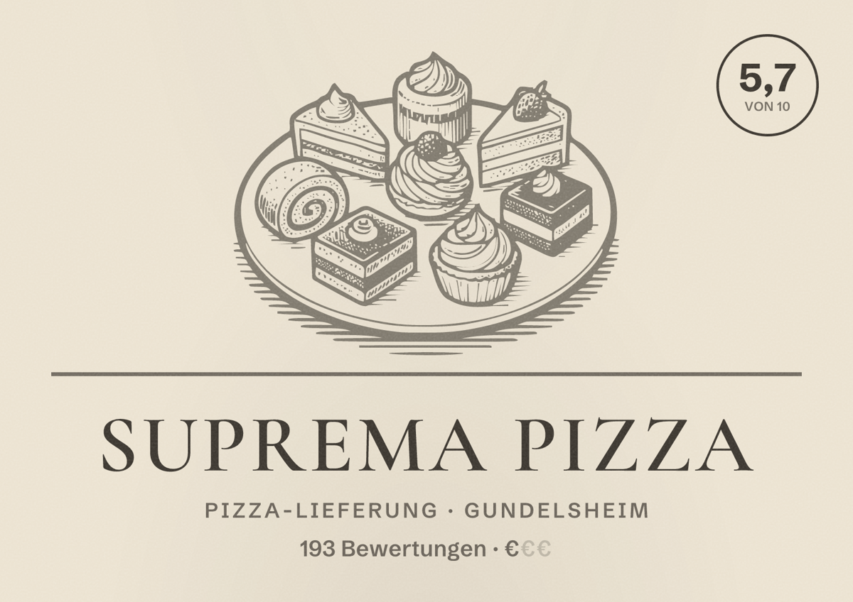 Illustriertes Poster von Suprema Pizza, Pizza-Lieferung in Gundelsheim: Bewertung 5,7 von 10 aus 193 Bewertungen, Preisniveau €