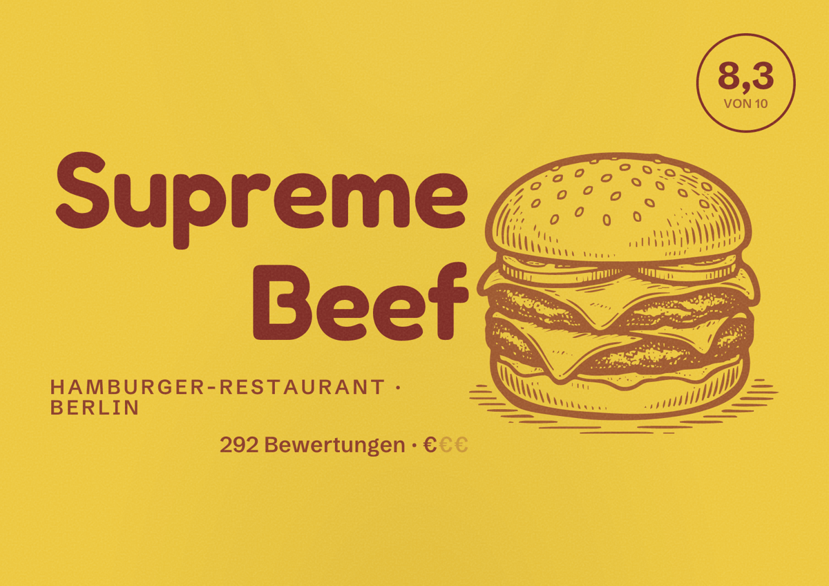 Illustriertes Poster von Supreme Beef, Hamburger-Restaurant in Berlin: Bewertung 8,3 von 10 aus 292 Bewertungen, Preisniveau €