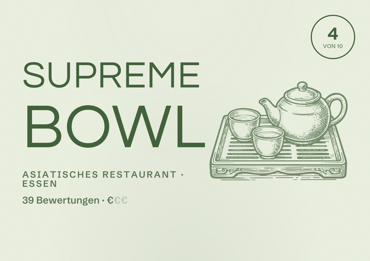 Illustriertes Poster von Supreme Bowl, Asiatisches Restaurant in Essen: Bewertung 4 von 10 aus 39 Bewertungen, Preisniveau €