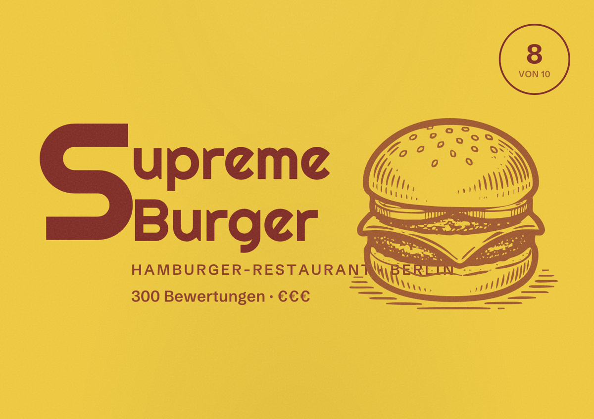Illustriertes Poster von Supreme Burger, Hamburger-Restaurant in Berlin: Bewertung 8,0 von 10 aus 300 Bewertungen, Preisniveau €€€