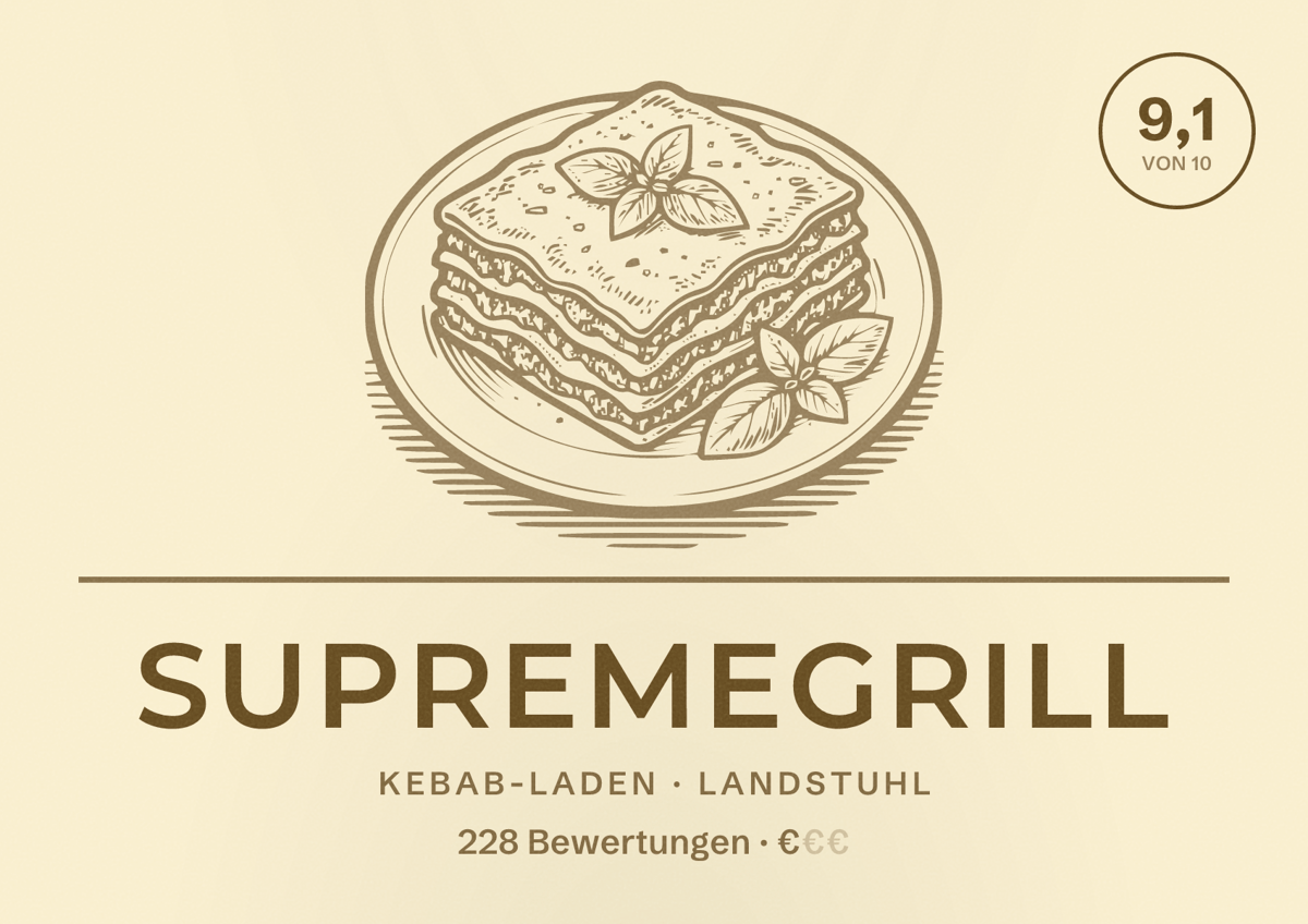 Illustriertes Poster von SupremeGrill, Kebab-Laden in Landstuhl: Bewertung 9,1 von 10 aus 228 Bewertungen, Preisniveau €