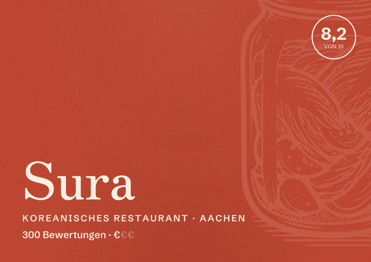 Illustriertes Poster von Sura, Koreanisches Restaurant in Aachen: Bewertung 8,2 von 10 aus 300 Bewertungen, Preisniveau €