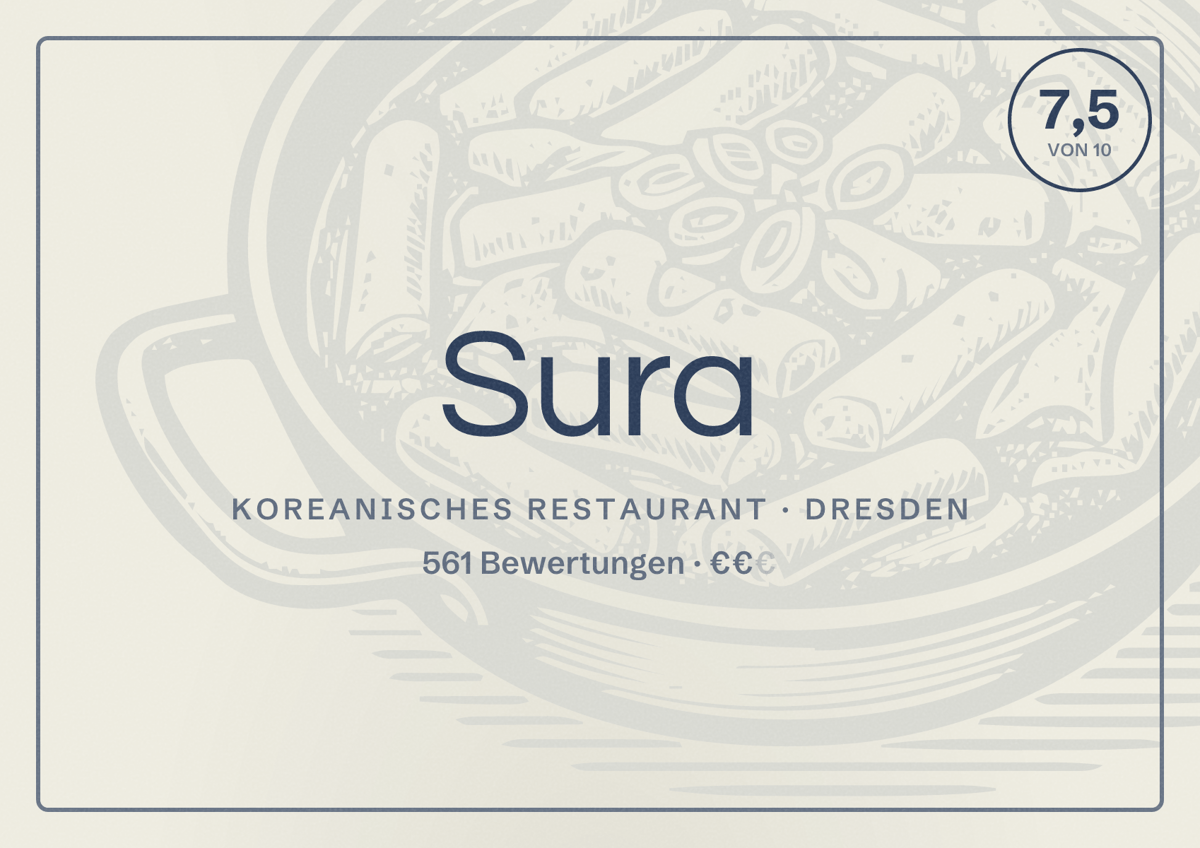Illustriertes Poster von Sura, Koreanisches Restaurant in Dresden: Bewertung 7,5 von 10 aus 561 Bewertungen, Preisniveau €€