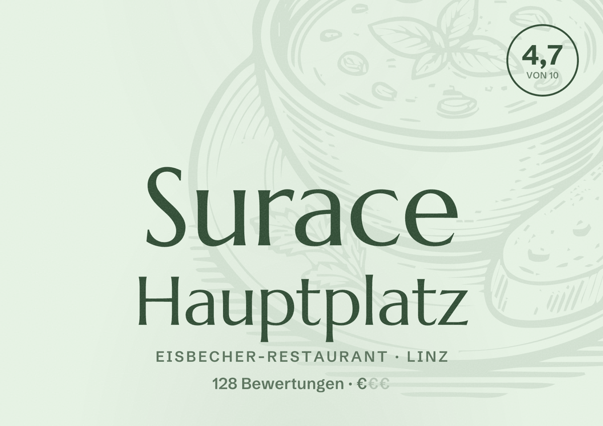 Illustriertes Poster von Surace Hauptplatz, Eisbecher-Restaurant in Linz: Bewertung 4,7 von 10 aus 128 Bewertungen, Preisniveau €