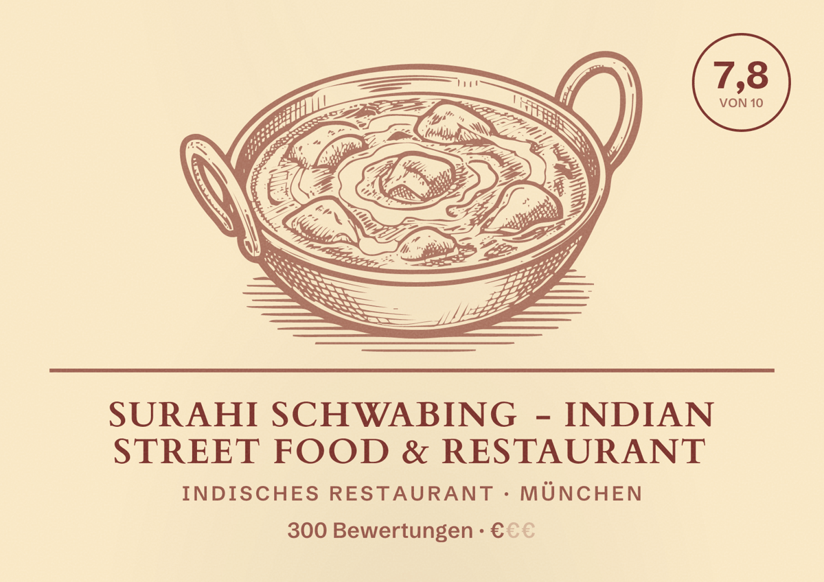 Illustriertes Poster von Surahi Schwabing - Indian Street Food & Restaurant, Indisches Restaurant in München: Bewertung 7,8 von 10 aus 300 Bewertungen, Preisniveau €