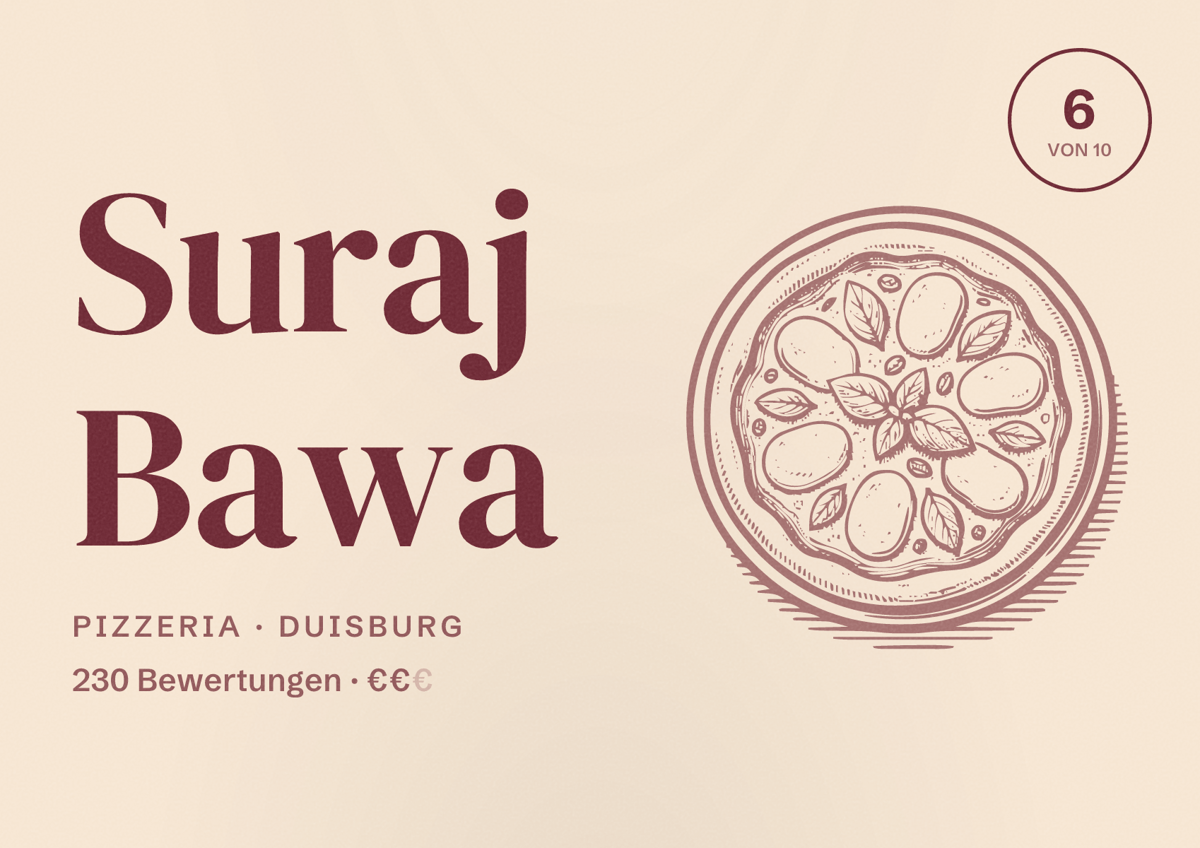 Illustriertes Poster von Suraj Bawa, Pizzeria in Duisburg: Bewertung 6 von 10 aus 230 Bewertungen, Preisniveau €€