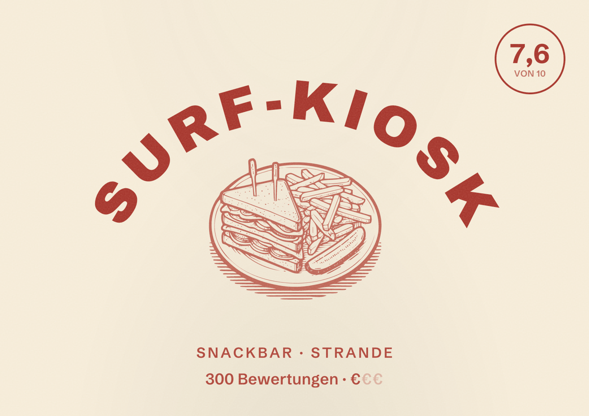 Illustriertes Poster von Surf-Kiosk, Snackbar in Strande: Bewertung 7,6 von 10 aus 300 Bewertungen, Preisniveau €