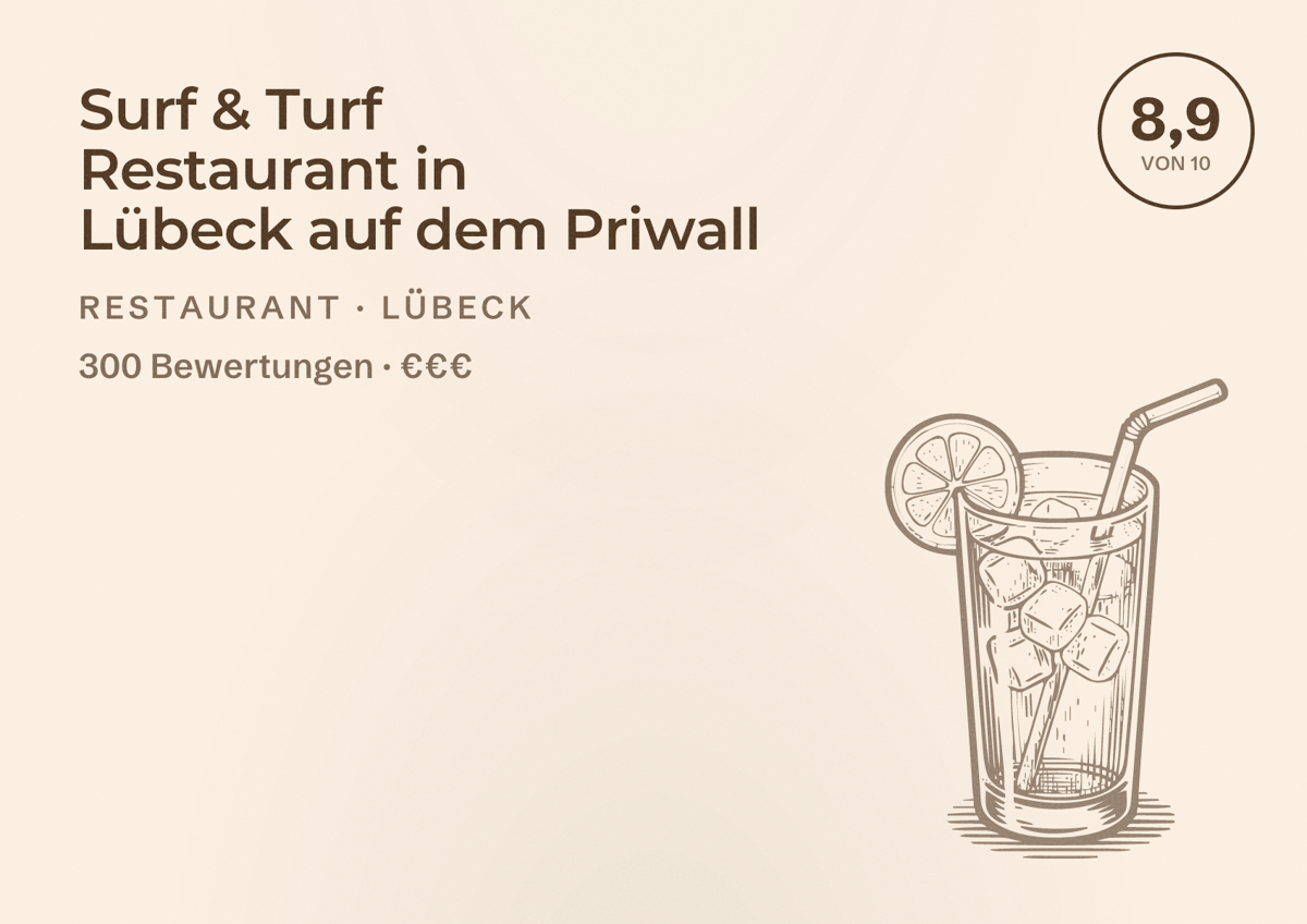 Illustriertes Poster von Surf & Turf Restaurant in Lübeck auf dem Priwall, Restaurant in Lübeck: Bewertung 8,9 von 10 aus 300 Bewertungen, Preisniveau €€€