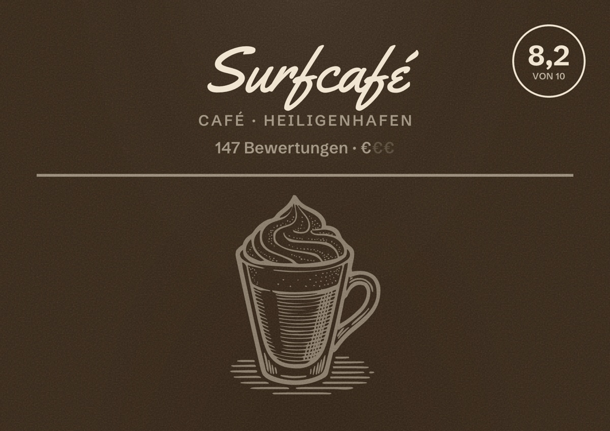 Illustriertes Poster von Surfcafé, Café in Heiligenhafen: Bewertung 8,2 von 10 aus 147 Bewertungen, Preisniveau €
