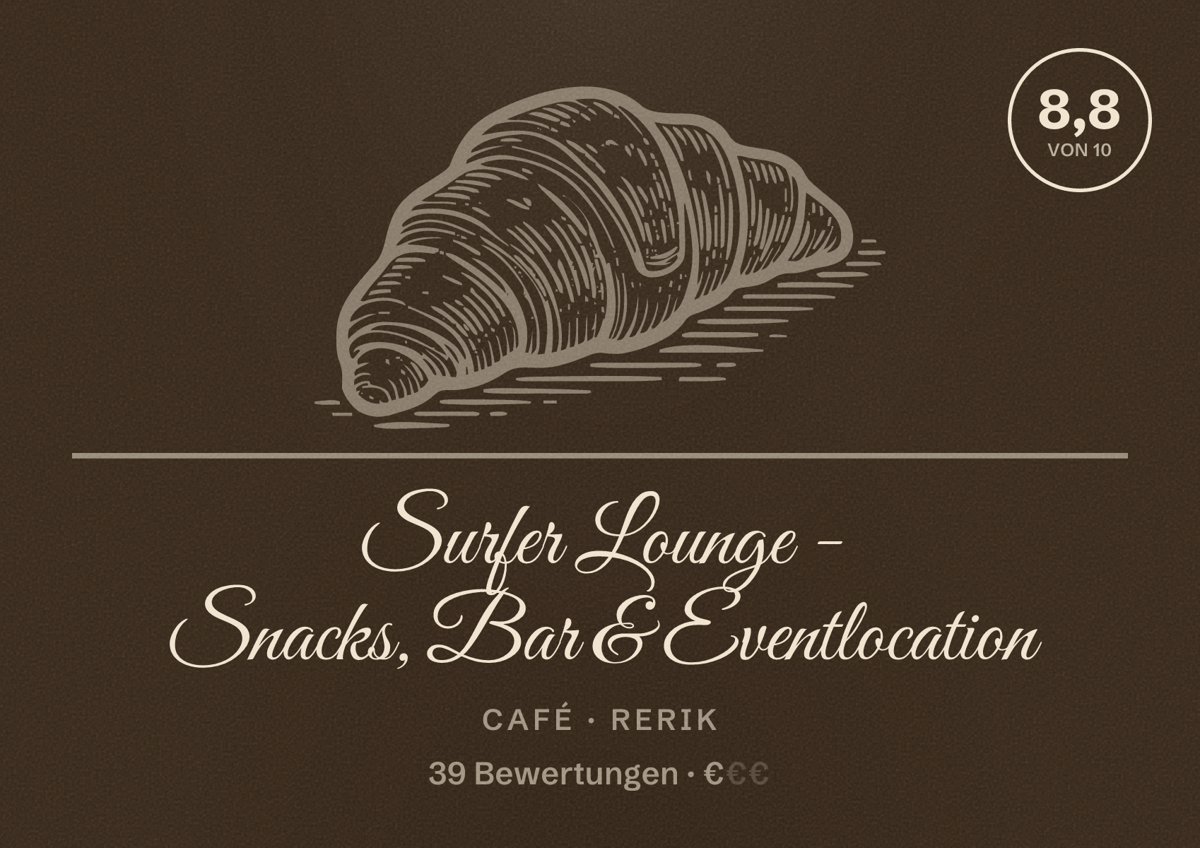 Illustriertes Poster von Surfer Lounge - Snacks, Bar & Eventlocation, Café in Rerik: Bewertung 8,8 von 10 aus 39 Bewertungen, Preisniveau €