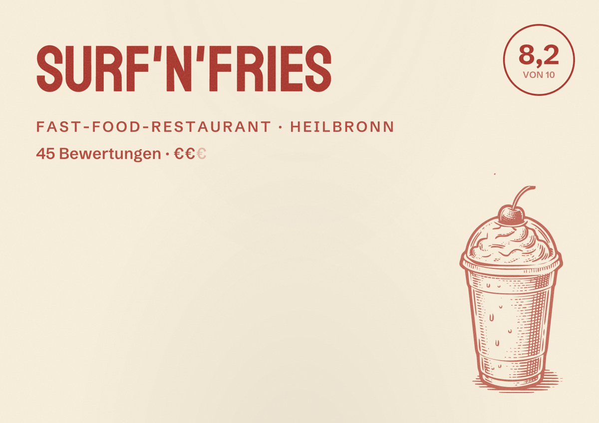 Illustriertes Poster von Surf'n'Fries, Fast-Food-Restaurant in Heilbronn: Bewertung 8,2 von 10 aus 45 Bewertungen, Preisniveau €€