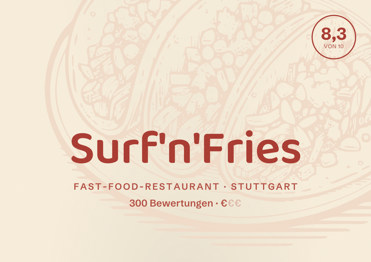 Illustriertes Poster von Surf'n'Fries, Fast-Food-Restaurant in Stuttgart: Bewertung 8,3 von 10 aus 300 Bewertungen, Preisniveau €