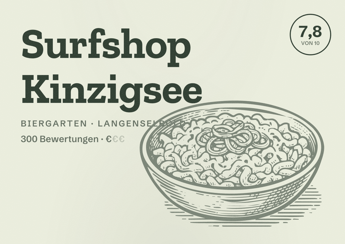 Illustriertes Poster von Surfshop Kinzigsee, Biergarten in Langenselbold: Bewertung 7,8 von 10 aus 300 Bewertungen, Preisniveau €