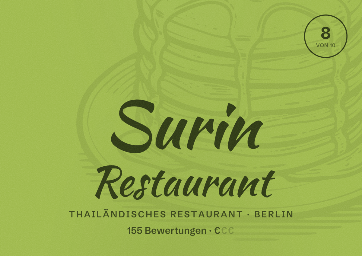 Illustriertes Poster von Surin Restaurant, Thailändisches Restaurant in Berlin: Bewertung 8,0 von 10 aus 155 Bewertungen, Preisniveau €