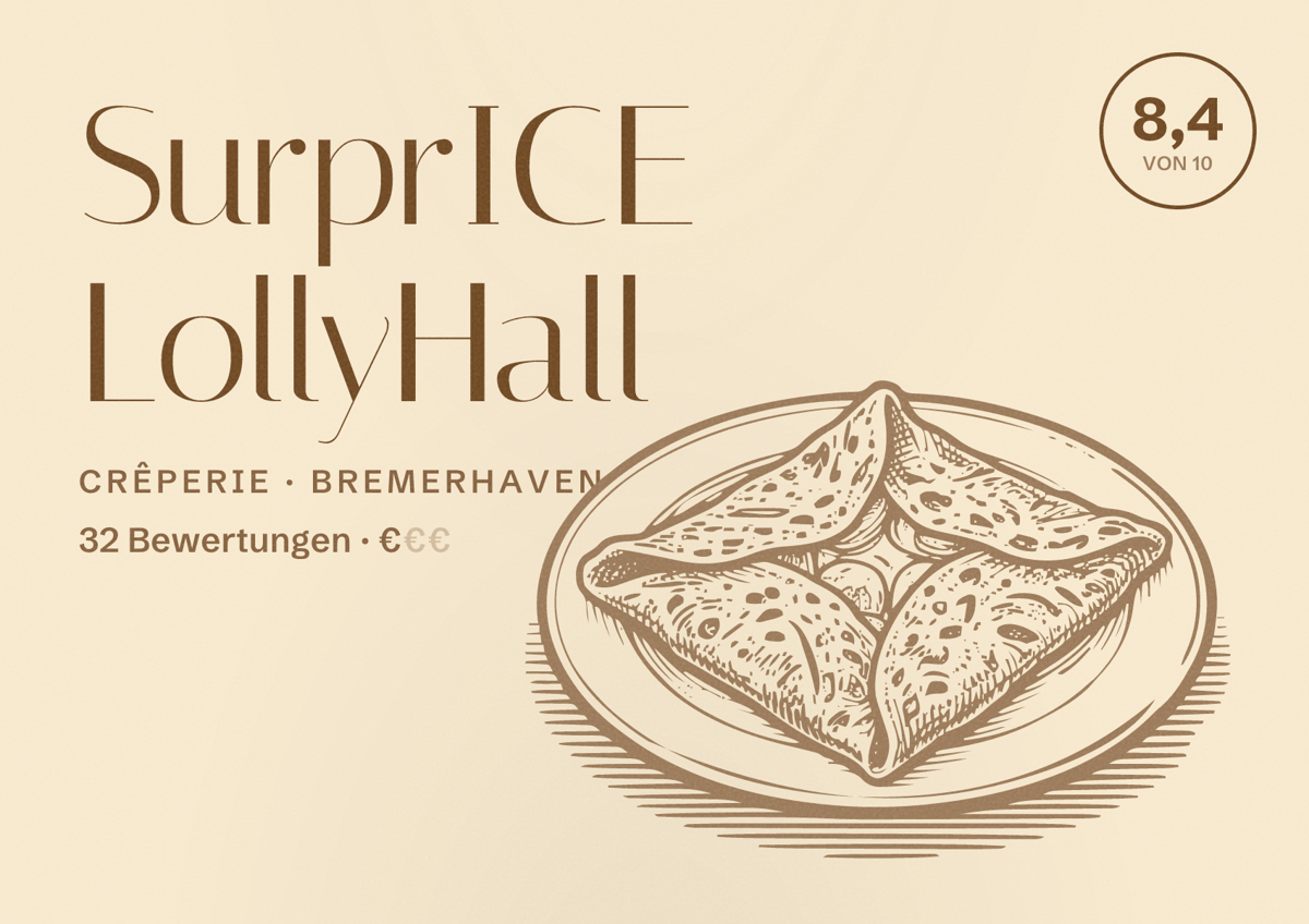 Illustriertes Poster von SurprICE LollyHall, Crêperie in Bremerhaven: Bewertung 8,4 von 10 aus 32 Bewertungen, Preisniveau €